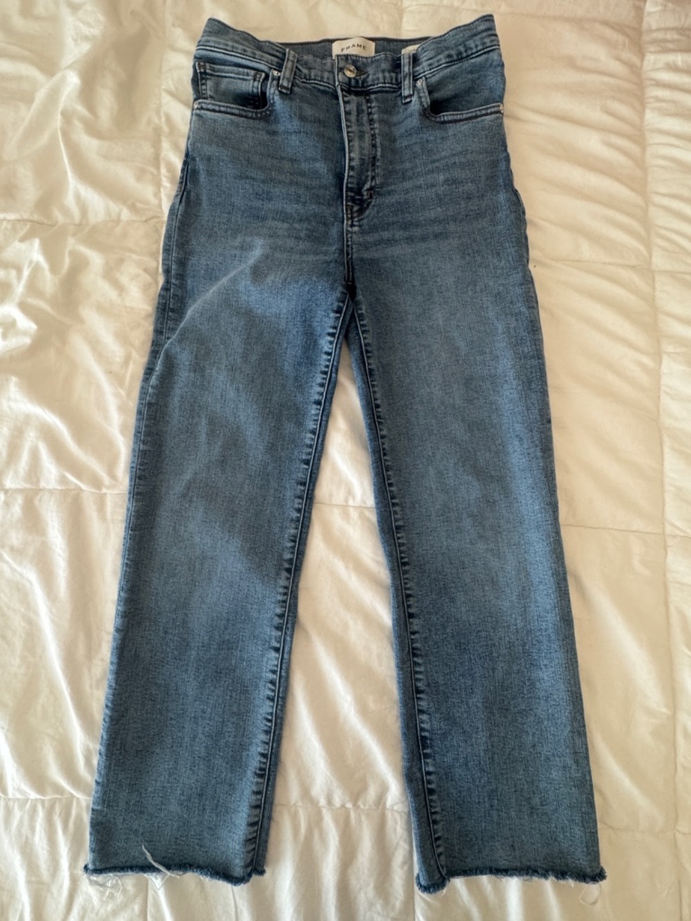 FRAME Le Sleek Straight Jeans Rawley Raw Fray Hem Medium Wash Size 28 - Picture 3 of 10
